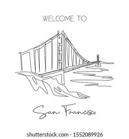 One single line drawing Golden Gate Bridge landmark. Iconic place in San Francisco, USA. Tourism travel home decor wall art poster print concept. Modern continuous line draw design vector illustration