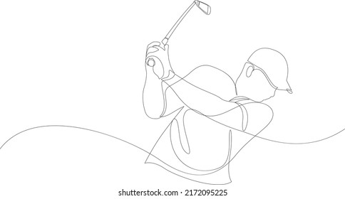 One single line drawing of golf player hit the ball using golf club. Sport concept. Modern continuous line draw design for golf tournament poster. Vector illustration.