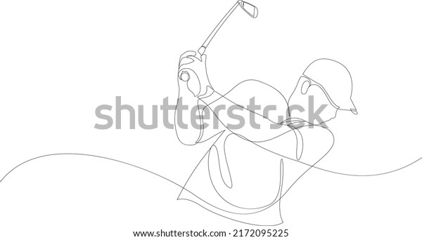 One single line\
drawing of golf player hit the ball using golf club. Sport concept.\
Modern continuous line draw design for golf tournament poster.\
Vector illustration.