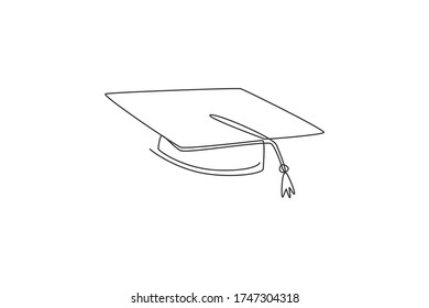 One single line drawing of graduation cap logo identity. Academical graduating ceremony equipment icon logotype concept. Dynamic continuous line draw design vector illustration