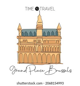 One single line drawing Grand Place Brussels landmark. Famous iconic in Belgium. Tourism travel postcard home wall decor poster print concept. Trendy continuous line draw design vector illustration