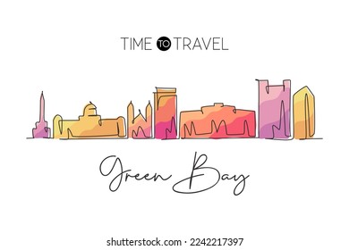 One single line drawing Green Bay city skyline, Wisconsin. World historical town landscape. Best holiday destination postcard. Editable stroke trendy continuous line draw design vector illustration