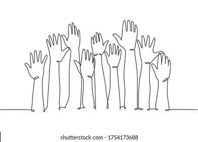 One single line drawing of group of people open up and raising their hands up into the air. Business team work concept. Modern continuous line draw design graphic vector illustration