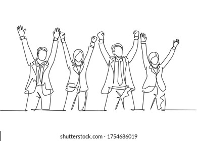 One single line drawing of group of male manager and female manager hold the hands each other to celebrate their success win the tender. Team work goal concept continuous line draw design illustration