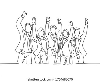 One Single Line Drawing Of Group Of Male Manager And Female Manager Celebrating Their Success Achieve The Business Target. Team Work Goal Concept Continuous Line Draw Design Vector Illustration