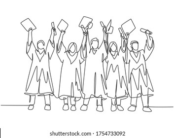 One single line drawing of group of male and female college student lift up their cap to the air to celebrate their school graduation. Education concept continuous line draw design vector illustration