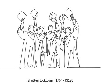 One single line drawing of group of male and female college student lift up their cap to the air to celebrate their school graduation. Education concept continuous line draw design vector illustration
