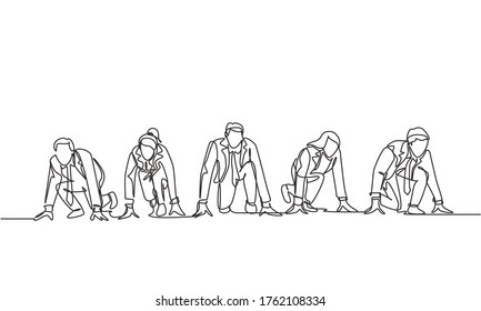 One Single Line Drawing Group Of Businessmen And Businesswomen Get Ready On Start Line To Do Sprint Race. Business Running Competition Concept Continuous Line Draw Design Vector Graphic Illustration