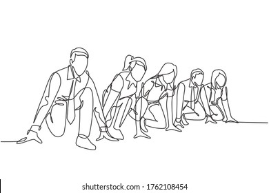 One single line drawing group of businessman and businesswoman get ready on start line to do sprint race. Business running competition concept continuous line draw design vector illustration