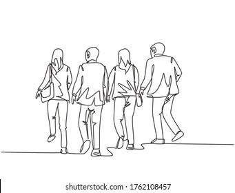 One single line drawing group of male and female workers run in rush so as not to be late to arrive to the office. Business running competition concept continuous line draw design vector illustration 