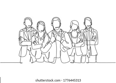 One Single Line Drawing Group Of Male And Female Customer Service Team Members Pose Neatly In A Straight Line. Call Center Service Excellence Concept Continuous Line Draw Design Vector Illustration