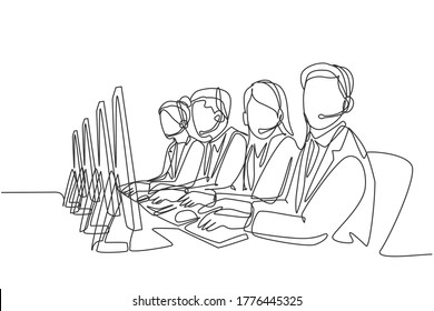 One single line drawing group of male and female customer service team members answer complaint phone call from clients kindly. Call center concept continuous line draw design vector illustration