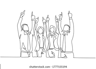 One single line drawing group of young happy male and female workers pointing and raise finger to the sky. Business teamwork celebration concept continuous line draw design vector graphic illustration