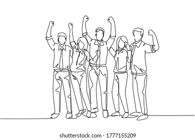 One single line drawing group of young happy male and female workers jumping in the office room together. Business teamwork celebration concept continuous line draw design vector illustration graphic