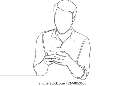 One single line drawing group of man hold and read messages on mobile phone. continuous line draw design vector illustration.