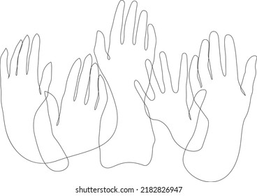 One single line drawing of group of people raising their hands up into the air. Business team work concept. Modern continuous line draw design graphic vector illustration