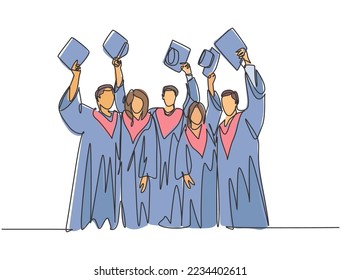 One single line drawing of group of male and female college student lift up their cap to the air to celebrate their school graduation. Education concept continuous line draw design vector illustration