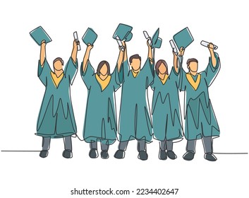Eine einzige Zeichnung der Gruppe männlicher und weiblicher Studierender hebt ihre Mütze hoch, um ihren Schulabschluss zu feiern. Bildungskonzept, kontinuierlicher Zeilenentwurf, Vektorgrafik