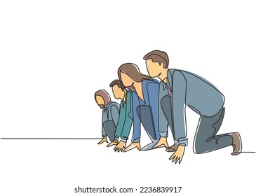 One single line drawing group of male and female worker gets ready on starting line to do sprint race together. Business running competition concept continuous line draw design vector illustration