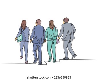 One single line drawing group of male and female workers run in rush so as not to be late to arrive to the office. Business running competition concept continuous line draw design vector illustration