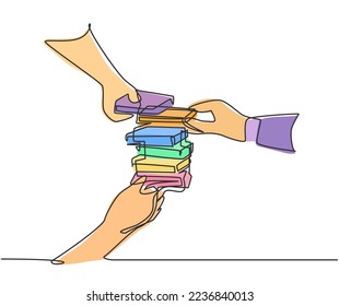 One single line drawing group of happy workers playing wooden balancing block to build a tower while office break time. Teamwork game concept continuous line graphic draw design vector illustration