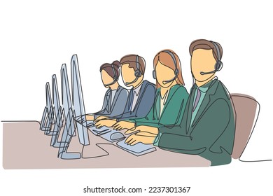 One single line drawing group of male and female customer service team members answer complaint phone call from clients kindly. Call center concept continuous line draw design vector illustration