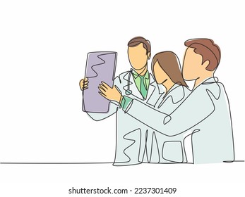 One single line drawing group of team doctor discussing and diagnosing patient x-ray photo result at hospital. Medical health care service concept continuous line draw design vector illustration