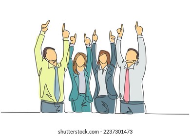 One single line drawing group of young happy male and female workers pointing and raise finger to the sky. Business teamwork celebration concept continuous line draw design vector graphic illustration
