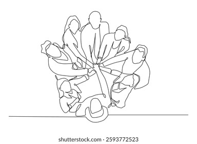 One single line drawing group of young happy business people unite their hands together to form a circle shape symbol, top view. Trendy teamwork concept.