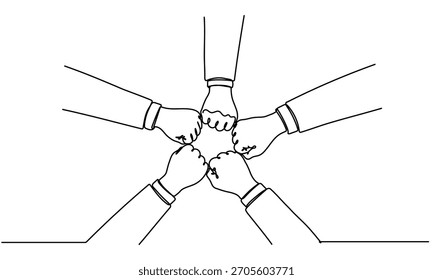 One single line drawing group of young happy business people unite their hands together to form a circle shape symbol, top view. Trendy teamwork concept.