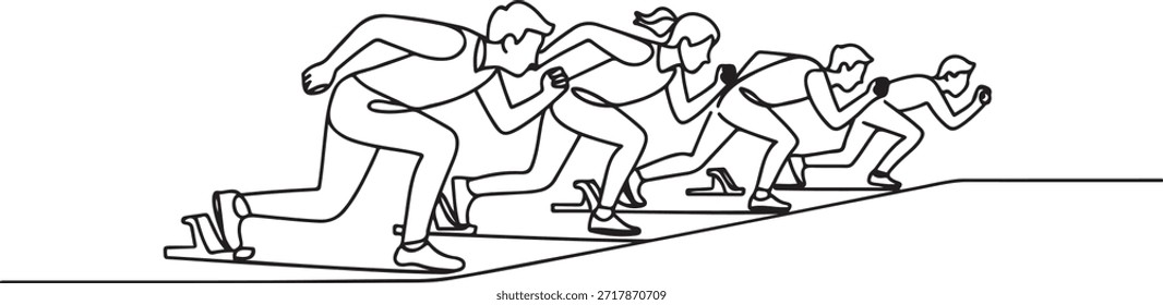 Un solo grupo de dibujo de línea de trabajador masculino y femenino se prepara en la línea de salida para hacer carreras de velocidad juntos. Concepto de la competencia de funcionamiento del negocio. un dibujo del icono de la línea
