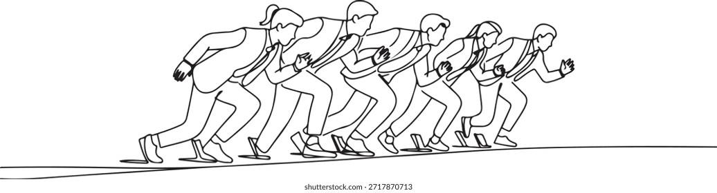 Un solo grupo de dibujo de línea de trabajador masculino y femenino se prepara en la línea de salida para hacer carreras de velocidad juntos. Concepto de la competencia de funcionamiento del negocio. un dibujo del icono de la línea
