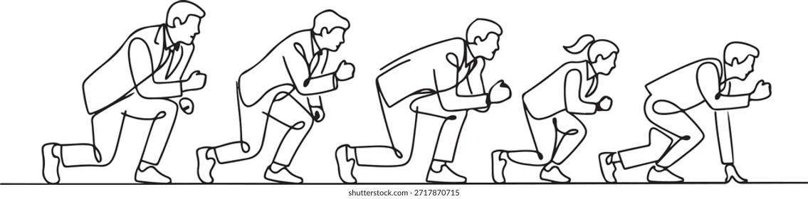 Un solo grupo de dibujo de línea de trabajador masculino y femenino se prepara en la línea de salida para hacer carreras de velocidad juntos. Concepto de la competencia de funcionamiento del negocio. un dibujo del icono de la línea
