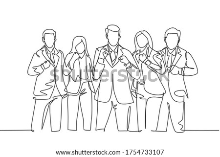 One single line drawing of group of business man and business woman line up to celebrate their success achieve the business target. Team work goal concept continuous line draw design illustration