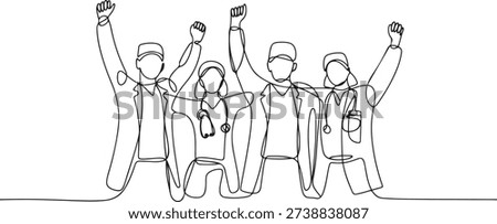 One single line drawing of group of male doctor and female doctor line up to celebrate their successful surgery operation. Team work success concept. one line Icon drawing
