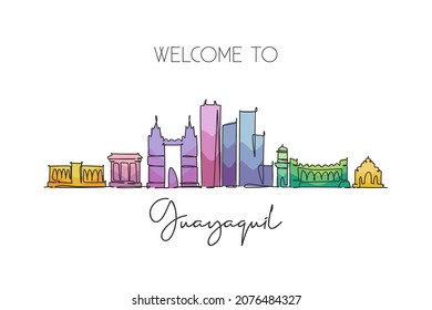 Eine einzige Linie, die Guayaquil City Skyline, Ecuador. Weltgeschichtliche Stadtmauer-Dekor Poster Druck. Das beste Urlaubsziel. Trendsetter-Design mit kontinuierlicher Linie, Vektorgrafik