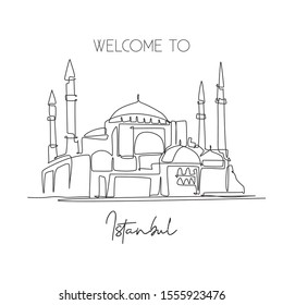 One single line drawing Hagia Sophia or Aya Sofia museum. World famous place in Turkey. Tourism travel wall decor poster print postcard concept. Modern continuous line draw design vector illustration