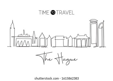 One single line drawing of The Hague city skyline, Netherlands. Historical landscape in world. Best holiday destination home wall decor poster print. Continuous line draw design vector illustration