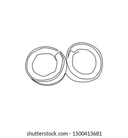 One single line drawing of half sliced healthy organic coconut for orchard logo identity. Fresh fruitage concept for fruit garden icon. Modern continuous line draw graphic design vector illustration