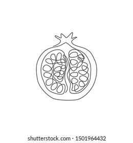 One single line drawing of half sliced healthy organic pomegranate for orchard logo identity. Fresh  fruitage seed concept for fruit garden icon. Modern continuous line draw design vector illustration