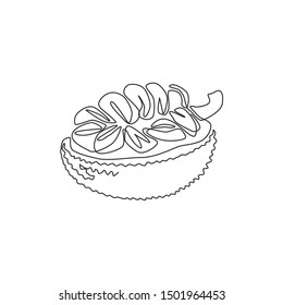 One single line drawing of half slice healthy organic jackfruit for orchard logo identity. Fresh tropical fruitage concept for fruit garden icon. Modern continuous line draw design vector illustration