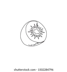 One single line drawing half sliced healthy organic kiwi for orchard logo identity. Fresh exotic fruitage concept for fruit garden icon. Modern continuous line draw design vector graphic illustration