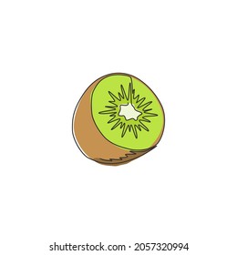 One single line drawing half sliced healthy organic kiwi for orchard logo identity. Fresh exotic fruitage concept for fruit garden icon. Modern continuous line draw design vector graphic illustration