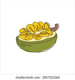 One single line drawing of half slice healthy organic jackfruit for orchard logo identity. Fresh tropical fruitage concept for fruit garden icon. Modern continuous line draw design vector illustration