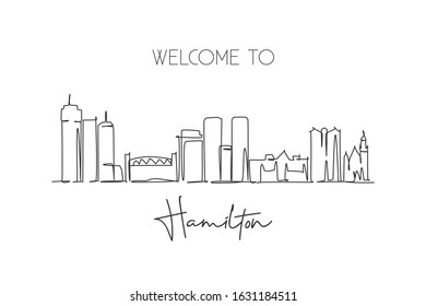 One single line drawing of Hamilton city skyline, Canada. World town landscape home wall decor art poster print. Best place holiday destination. Trendy continuous line draw design vector illustration