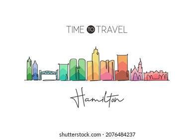 One single line drawing of Hamilton city skyline, Canada. World town landscape home wall decor art poster print. Best place holiday destination. Trendy continuous line draw design vector illustration