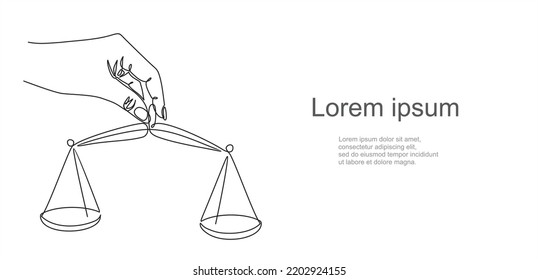 One single line drawing of hand holding weight scale symbol for world day of social justice in continuous line drawing. Illustration with quote template. 