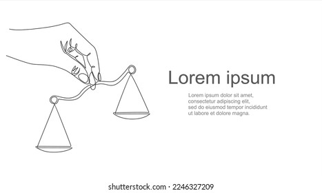 One single line drawing of hand holding weight scale symbol for world day of social justice in continuous line drawing