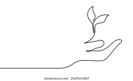 One Single Line Drawing Hand Holds of Leaf Sprout. Ecology Logo Vector Simple Graphic Illustration. Eco Linear Concept. Modern Continuous Line Draw for Modern Design