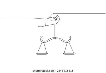 Um único desenho de linha de mão segurando símbolo de escala de peso para o dia mundial da justiça social, Mão segurando balanço de lei de martelo e escala de justiça equilíbrio julgamento de igualdade. Ícone de Libra uma linha 